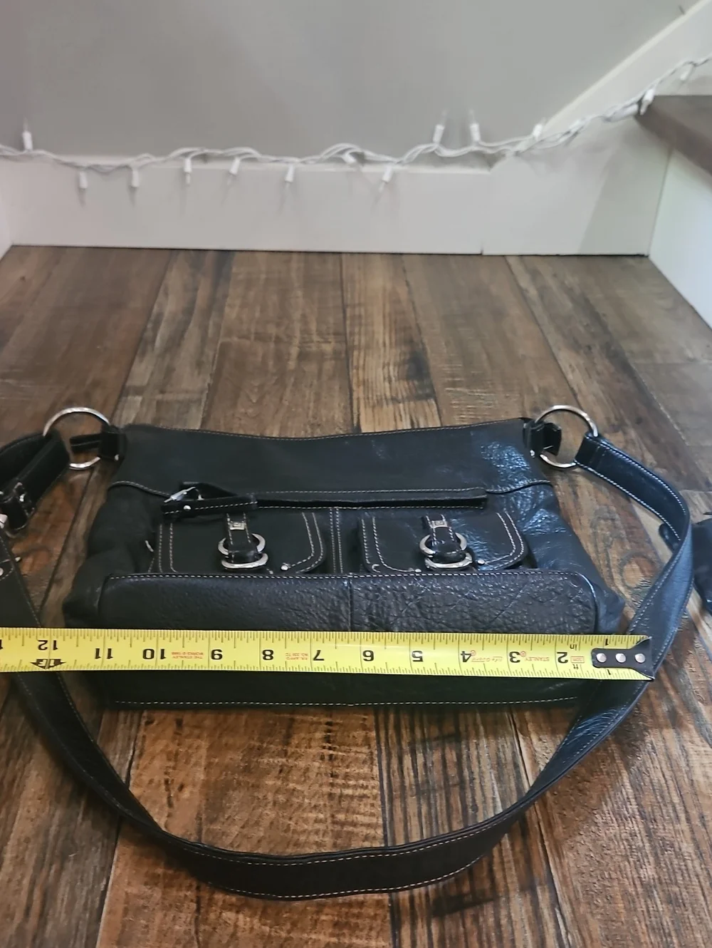 Stone Mountain Black Pebbled Leather Hobo Crossbody Bag with Dual Front‎ Pockets
